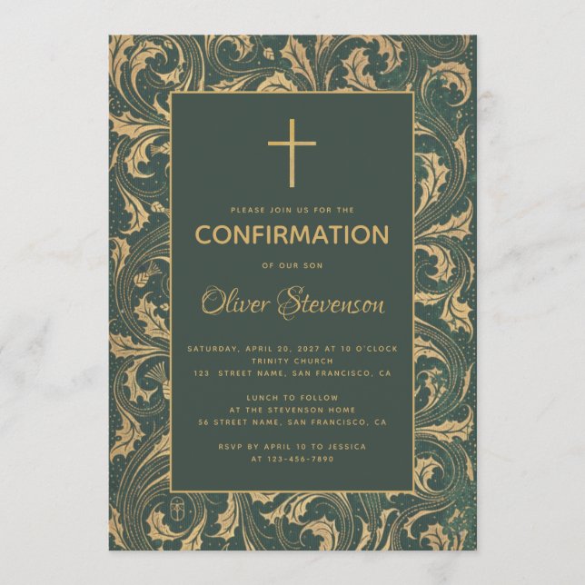 Boy Confirmation Gold Cross Green Vintage Thistle Invitation (Front)