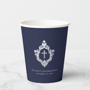 Boy Confirmation Navy Blue Cross in Crest Vintage  Paper Cups