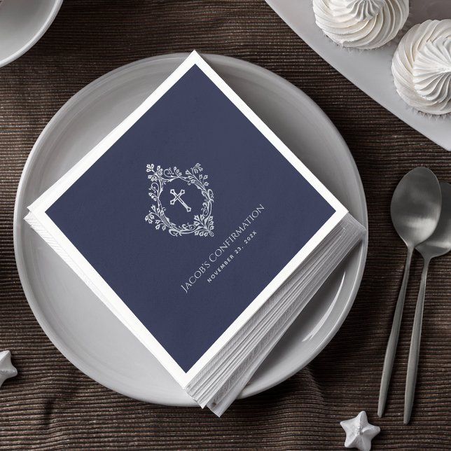 Boy Confirmation Navy Blue Elegant Vintage Crest  Napkin (Creator Uploaded)