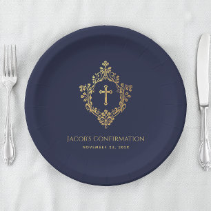 Boy Confirmation Navy Blue Faux Gold Cross Crest Paper Plate