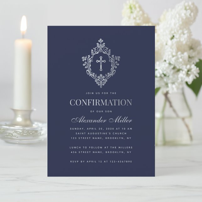 Boy Confirmation Navy Blue Faux Silver Crest Cross Invitation (Creator Uploaded)