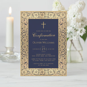 Boy Confirmation Navy Blue Gold Roses Frame Invitation