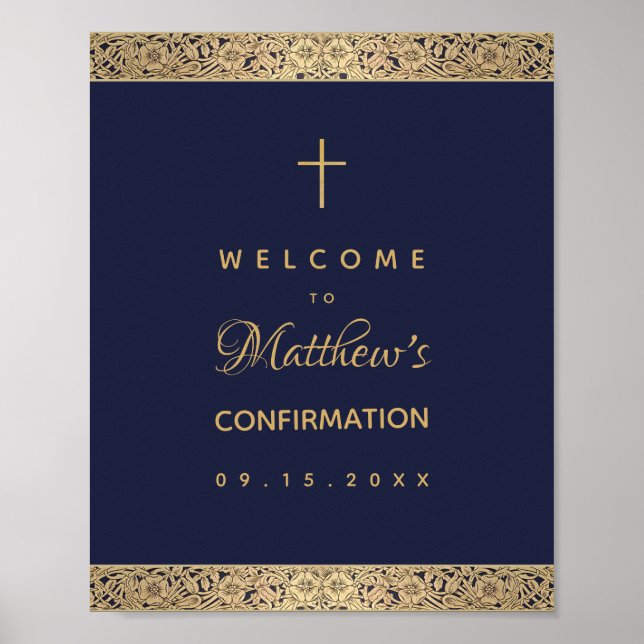 Boy Confirmation Navy Blue Gold Roses Welcome Poster (Front)