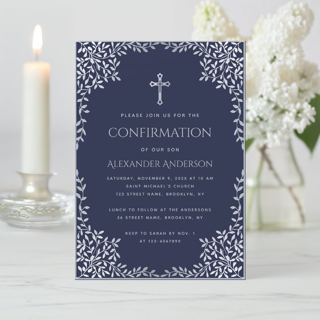 Boy Confirmation Navy Blue Silver Leaves Elegant Invitation (Creator Uploaded)