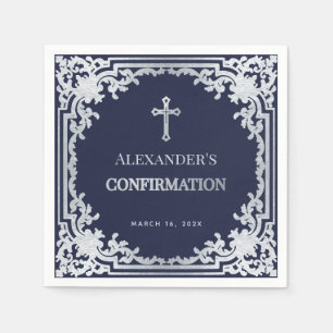 Boy Confirmation Navy Blue Vintage Faux Silver  Napkin