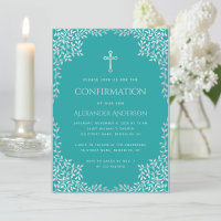 Boy Confirmation Teal Faux Silver Leaves Religious