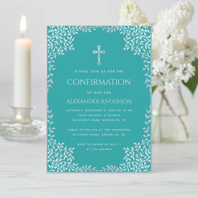 Boy Confirmation Teal Faux Silver Leaves Religious Invitation (Creator Uploaded)