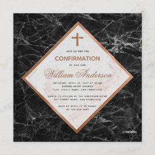 Boy Confirmation White Black Marble Copper Script Invitation