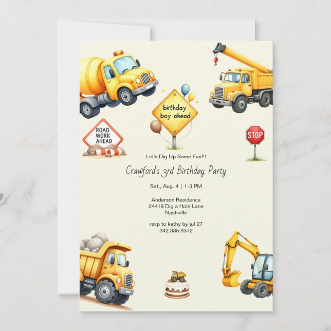 Boy Construction Birthday Party Invitation (Front)