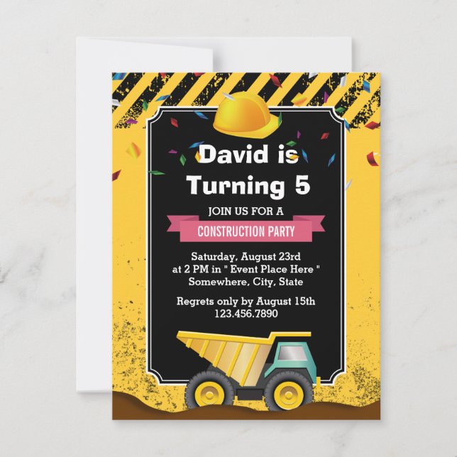 Boy Construction Dump Truck Birthday Party Invitation (Front)