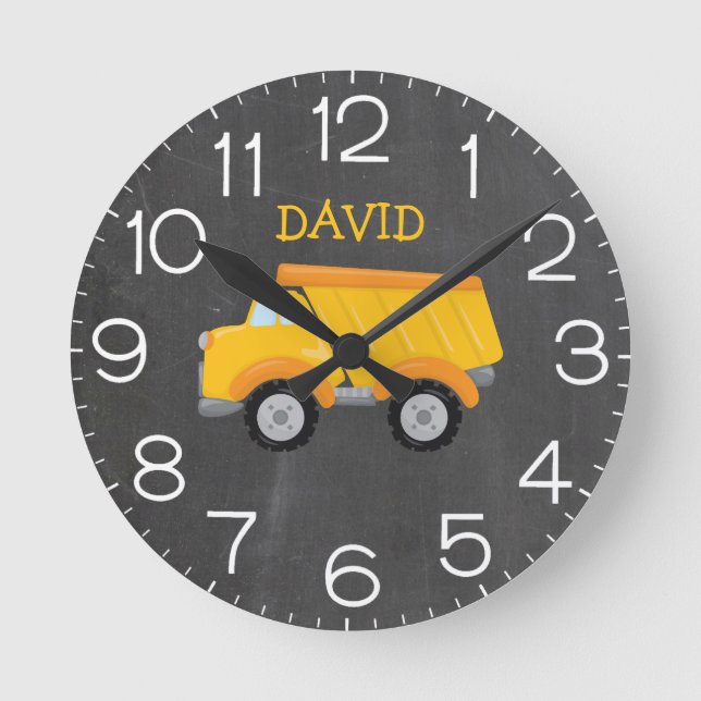 Boy Construction Personalised Yellow Dump Truck Round Clock (Front)