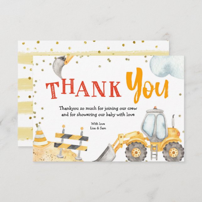 Boy Construction Yellow Truck Thank You card (Front/Back)