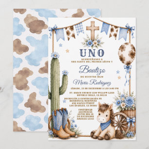 Boy Cowboy Spanish Uno Baptism & 1st Birthday Invitation