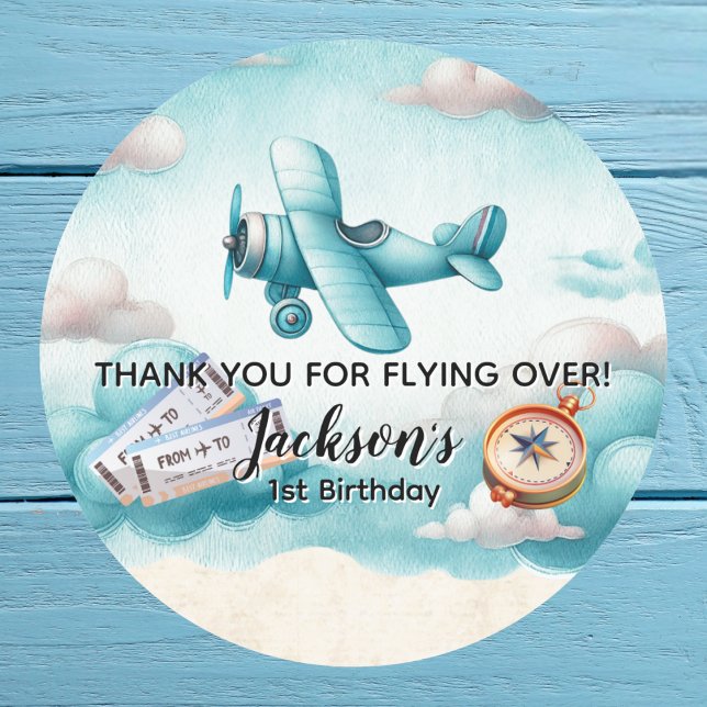 Boy Cute Blue Aeroplane Travel Kids Birthday Custo Classic Round Sticker (Creator Uploaded)