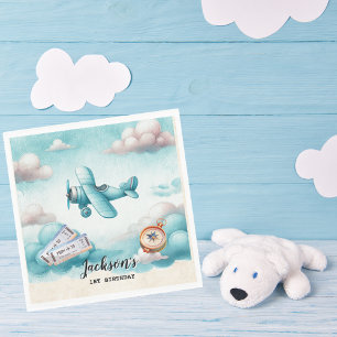 Boy Cute Blue Aeroplane Travel Kids Birthday Custo Napkin