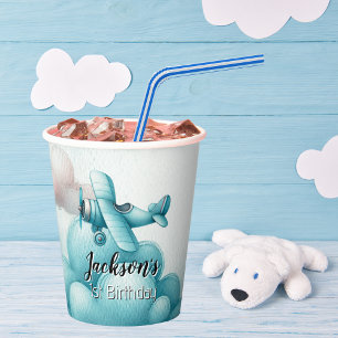 Boy Cute Blue Aeroplane Travel Kids Birthday Custo Paper Cups