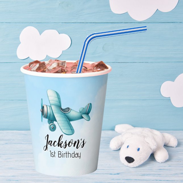 Boy Cute Blue Aeroplane Travel Kids Birthday Custo Paper Cups (Creator Uploaded)