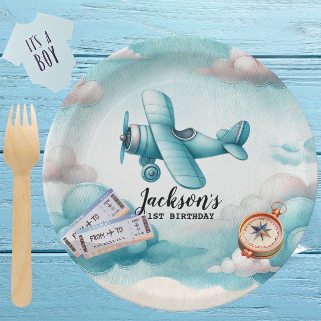 Boy Cute Blue Aeroplane Travel Kids Birthday Custo Paper Plate (Creator Uploaded)
