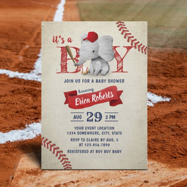 Boy Cute Elephant Baseball Baby Shower Invitation (Creator Uploaded)