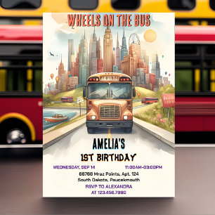 Boy Cute Girl Tour City Party Bus 1st Birthday Invitation