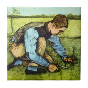 Boy Cutting Grass with Sickle by Vincent van Gogh Tile