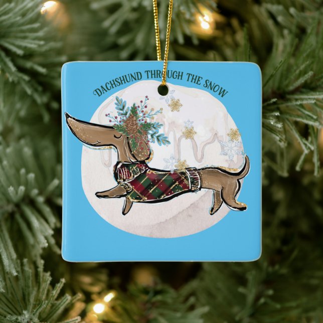 Boy Dachshund Through The Snow Ceramic Ornament (Tree)