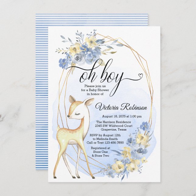 Boy Deer Watercolor Oh Boy Baby Shower Invitation (Front/Back)