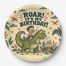 Boy Dinosaur Birthday Vintage Green Linocut