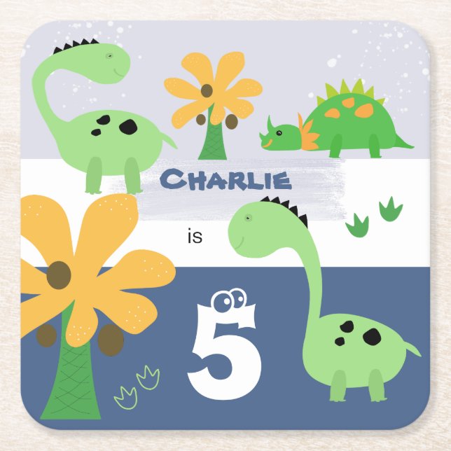 Boy Dinosaur Jurassic Birthday Party Square Paper Coaster (Front)