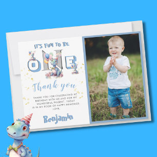 Boy Dinosaur Personalised Photo First Birthday  Thank You Card