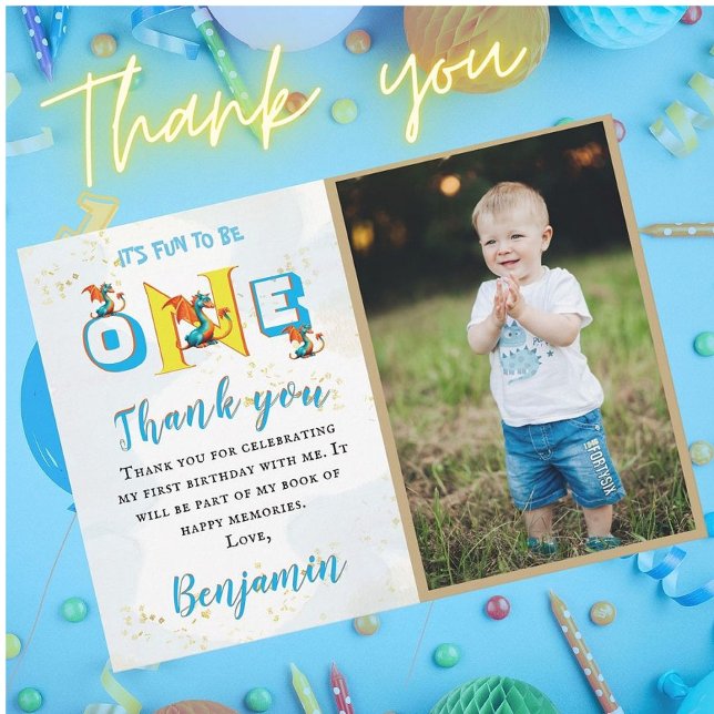Boy Dinosaur Personalised Photo First Birthday  Thank You Card (Creator Uploaded)