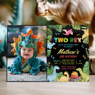 Boy Dinosaur Two Rex 2nd Birthday Party Photo Invitation
