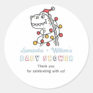 Boy Dinosaur Winter Christmas Coed Baby Shower Classic Round Sticker
