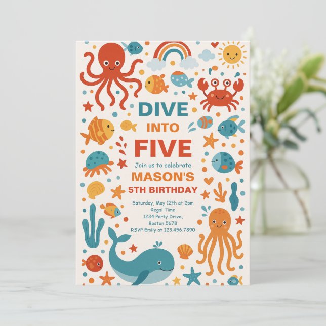 Boy Dive Into Five 5th Birthday Party Invitation (Standing Front)