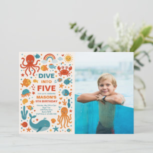 Boy Dive Into Five 5th Birthday Party Photo Invitation