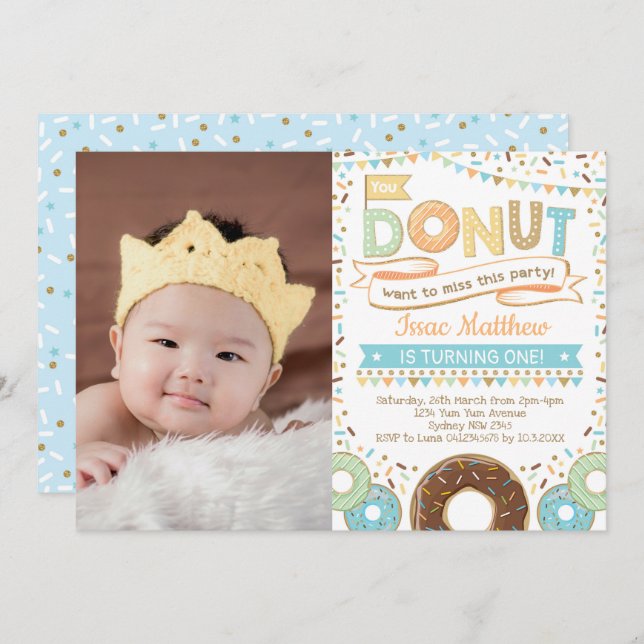 Boy Doughnut Invitation Cute Doughnut Birthday (Front/Back)