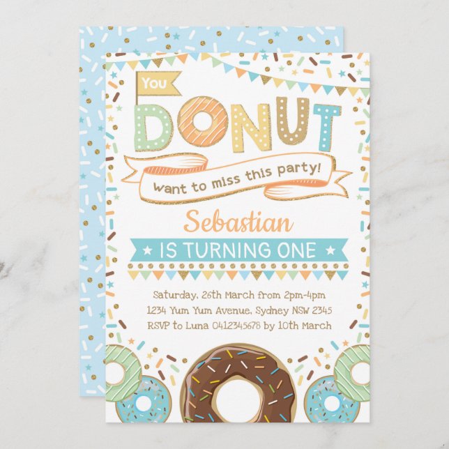 Boy Doughnut Invitation Doughnut Birthday (Front/Back)