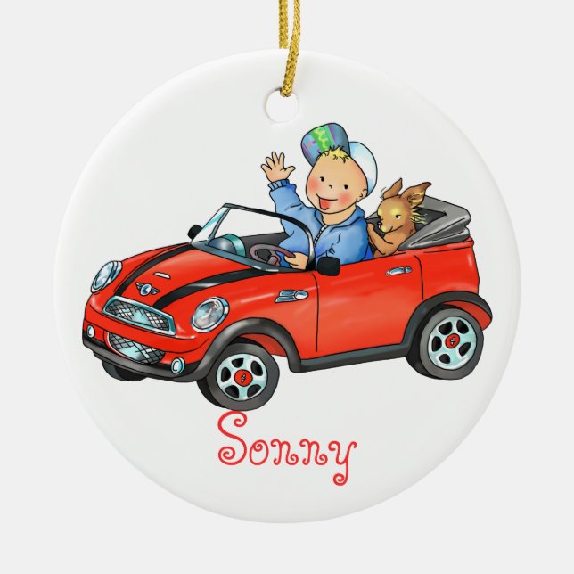Boy Driving Red Toy Car Ornament (Front)