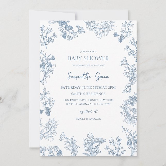 Boy Dusty Blue Chinoiserie Baby Shower Invitation (Front)