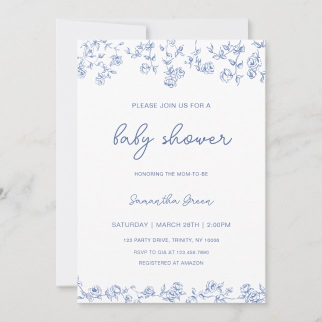 Boy Dusty Blue Floral Chinoiserie Baby Shower Invitation (Front)