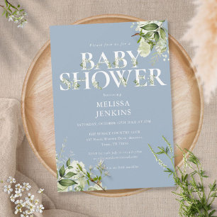 Boy Dusty Blue Greenery Foliage Letter Baby Shower Invitation