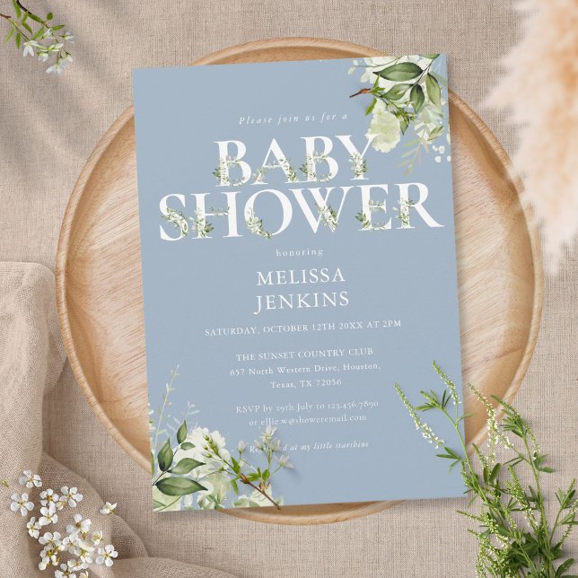 Boy Dusty Blue Greenery Foliage Letter Baby Shower Invitation (Creator Uploaded)