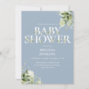 Boy Dusty Blue Greenery QR Code Baby Shower Invitation
