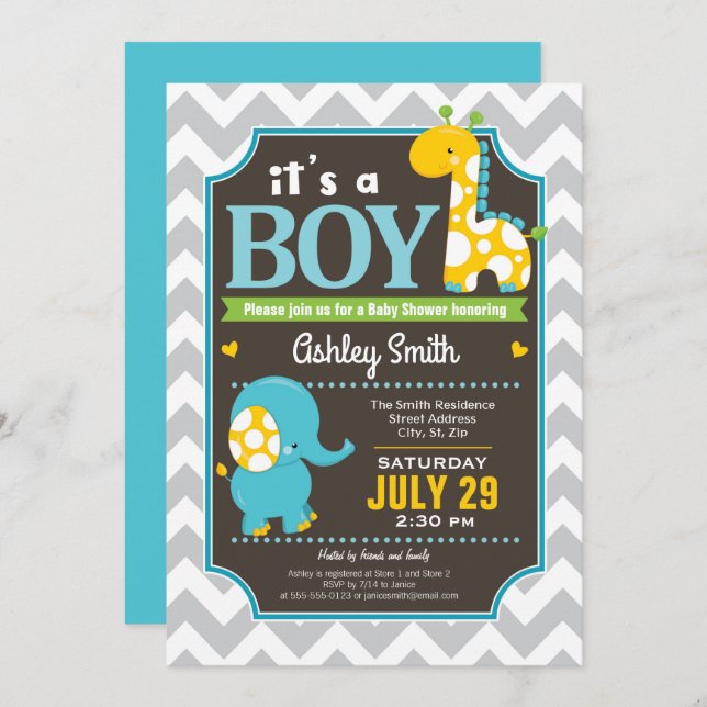 Boy Elephant and Giraffe Baby Shower Invitation (Front/Back)