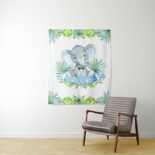 Boy Elephant Baby Shower Backdrop Tapestry