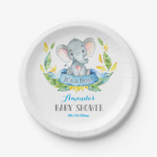 Boy Elephant Baby Shower Blue and Gray Paper Plate