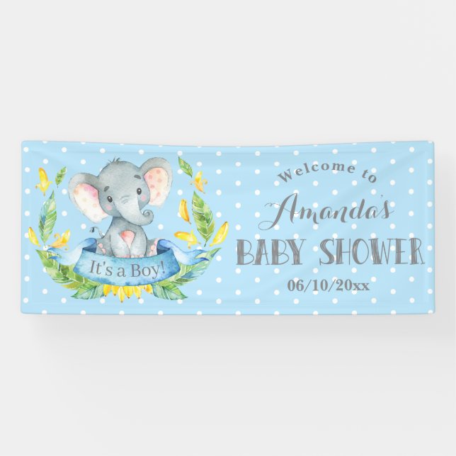 Boy Elephant Baby Shower Blue and Grey Banner (Horizontal)