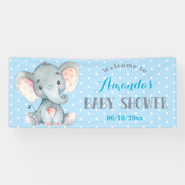 Boy Elephant Baby Shower Blue and Grey Banner (Horizontal)