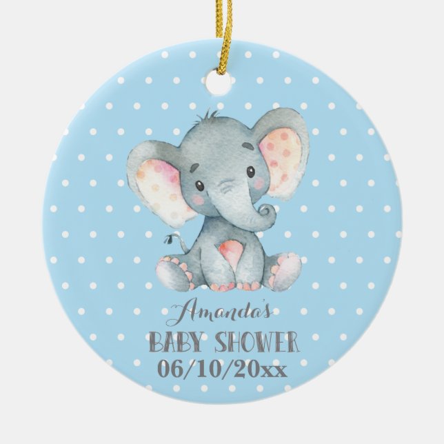 Boy Elephant Baby Shower Blue and Grey Ceramic Tree Decoration (Front)