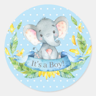 Boy Elephant Baby Shower Blue Classic Round Sticker